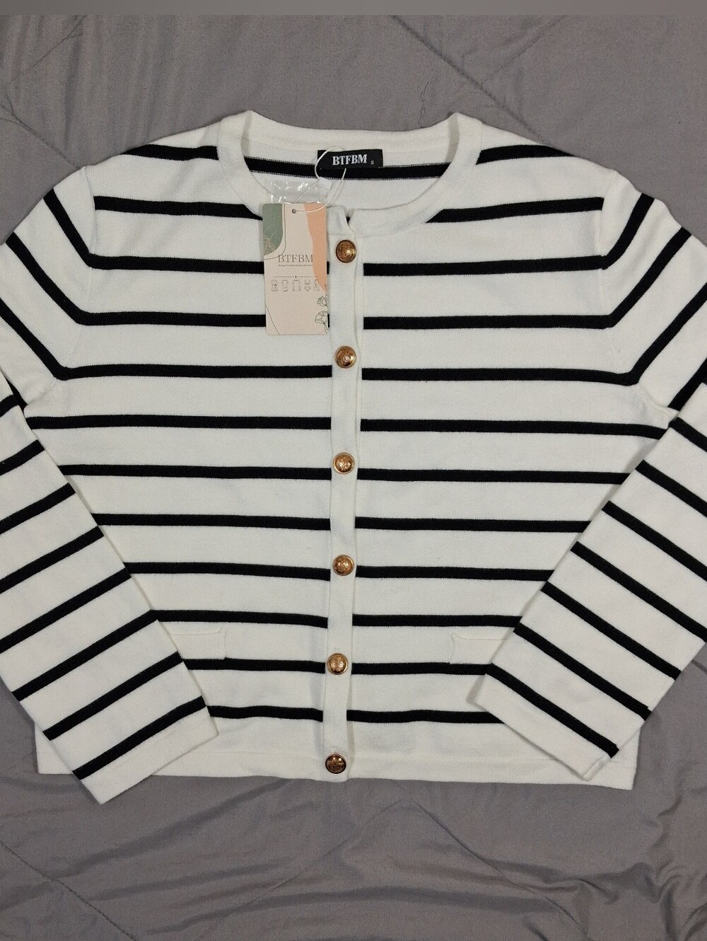 Women's White and Black Striped Button-Front Sweater NWT